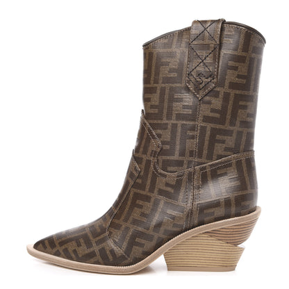 Fendi Glazed Fabric FF 1974 Cutwalk Ankle Boots 36.5 Mogano Panna 1 of 7
