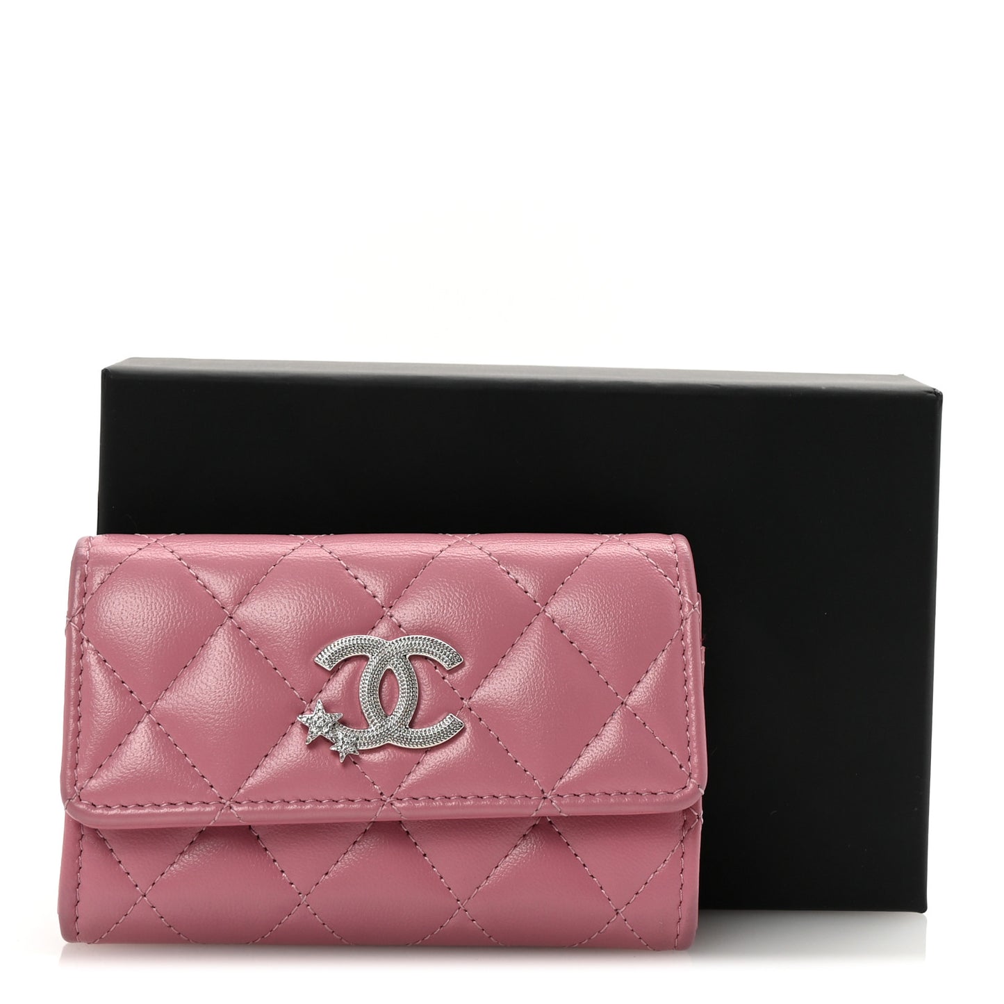 Lambskin Quilted Flap Crystal Star Card Holder Wallet Pink