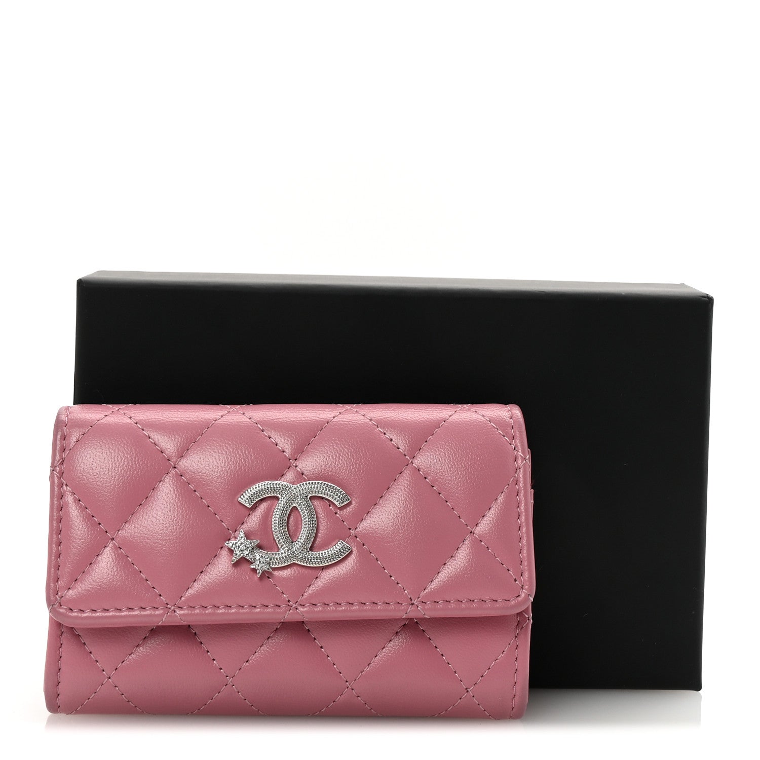 Chanel Lambskin Quilted Flap Crystal Star Card Holder Wallet Pink 17 of 18