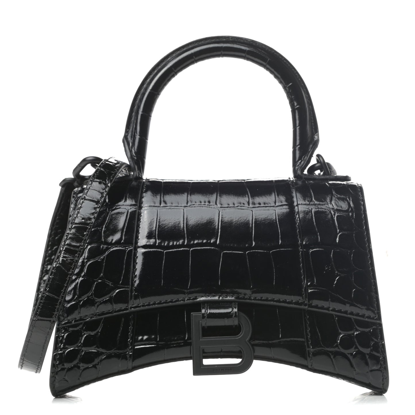 Shiny Calfskin Monochrome Crocodile Embossed Hourglass Top Handle Bag XS Black