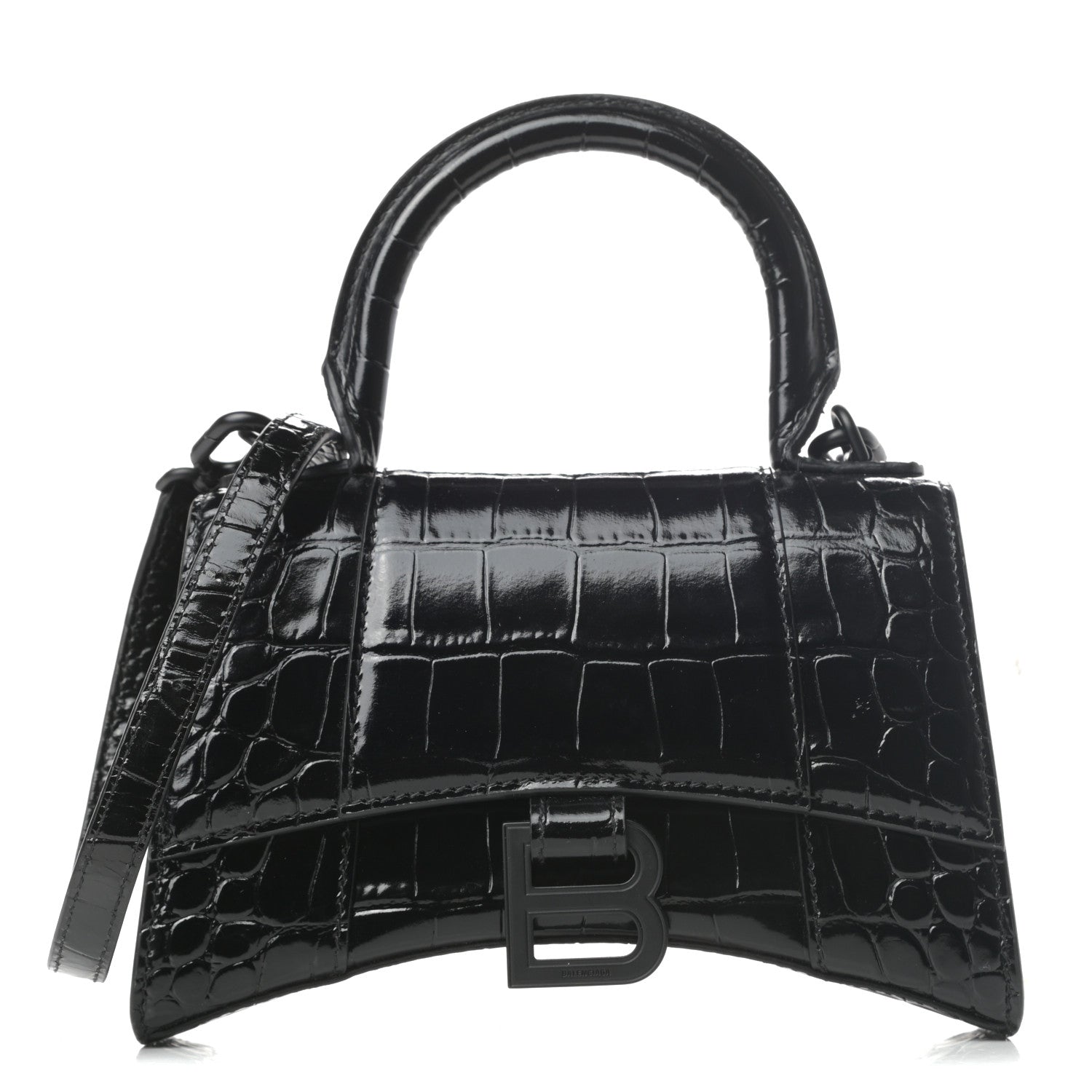 Balenciaga Shiny Calfskin Monochrome Crocodile Embossed Hourglass Top Handle Bag XS Black 1 of 8