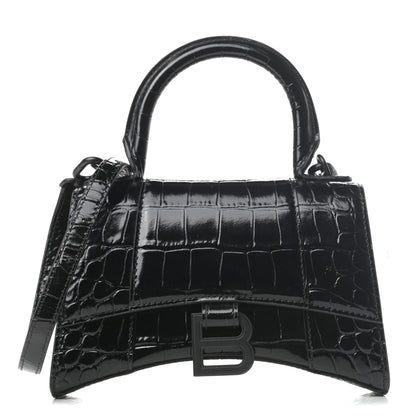 Balenciaga Shiny Calfskin Monochrome Crocodile Embossed Hourglass Top Handle Bag XS Black 1 of 8