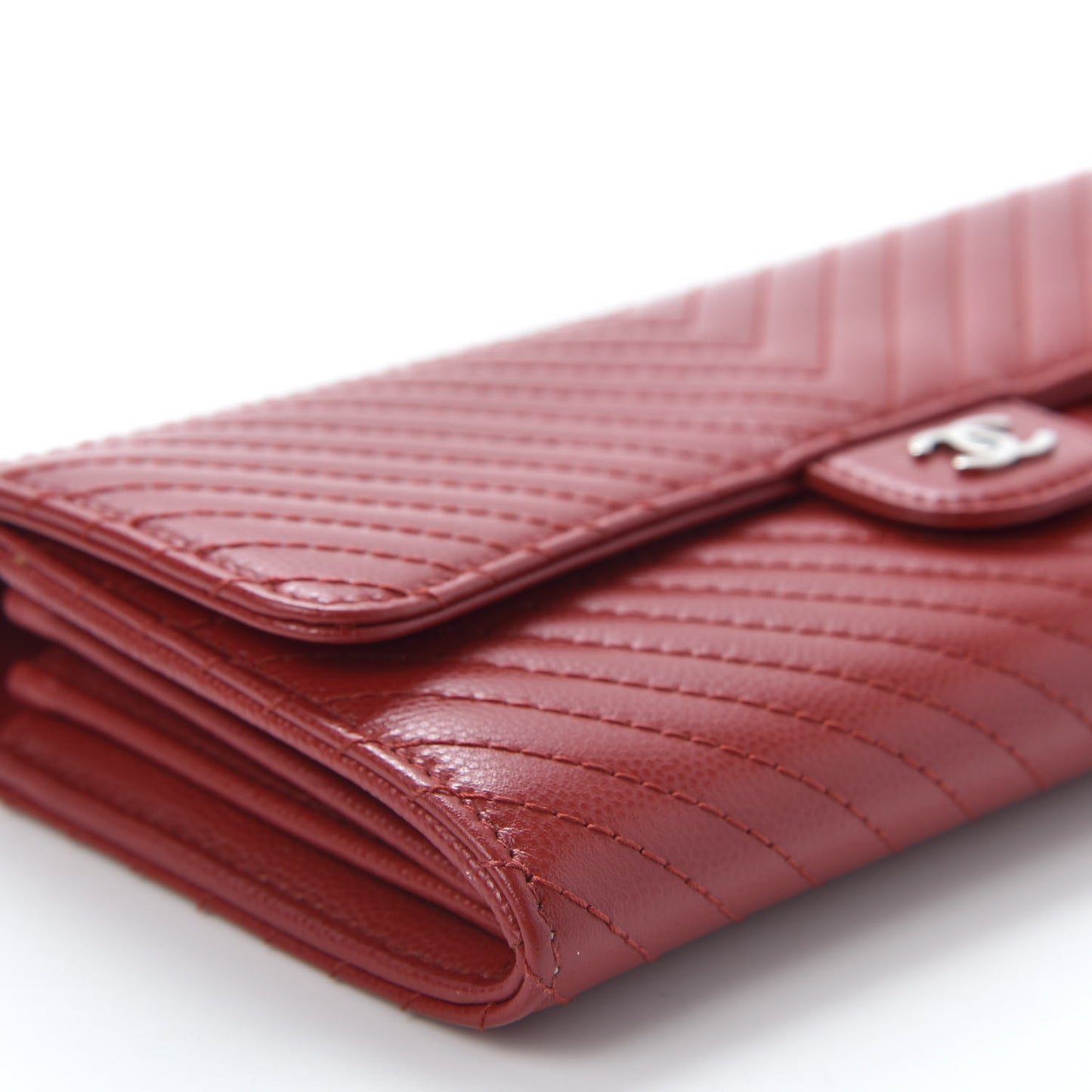 Caviar Chevron Quilted Large Flap Wallet Dark Red