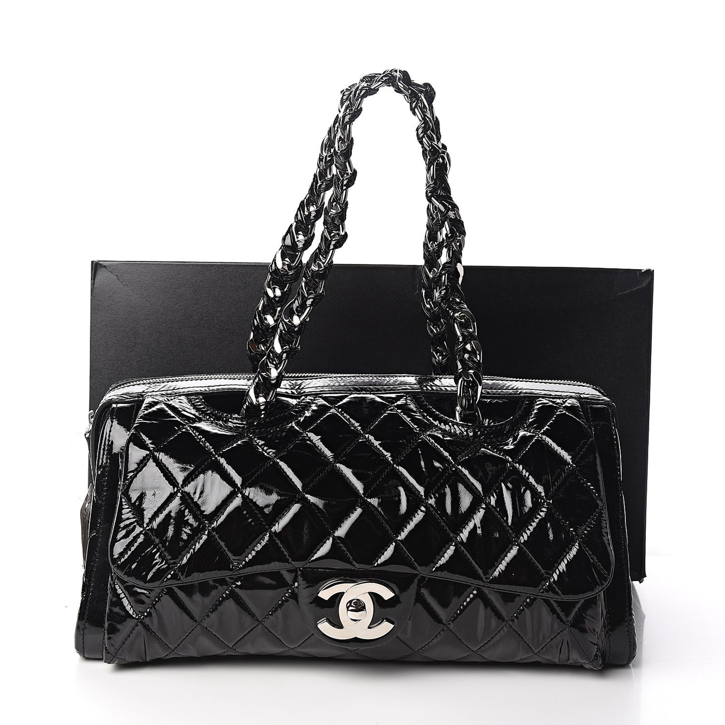 Patent Quilted Day Glo Flap Bag Black