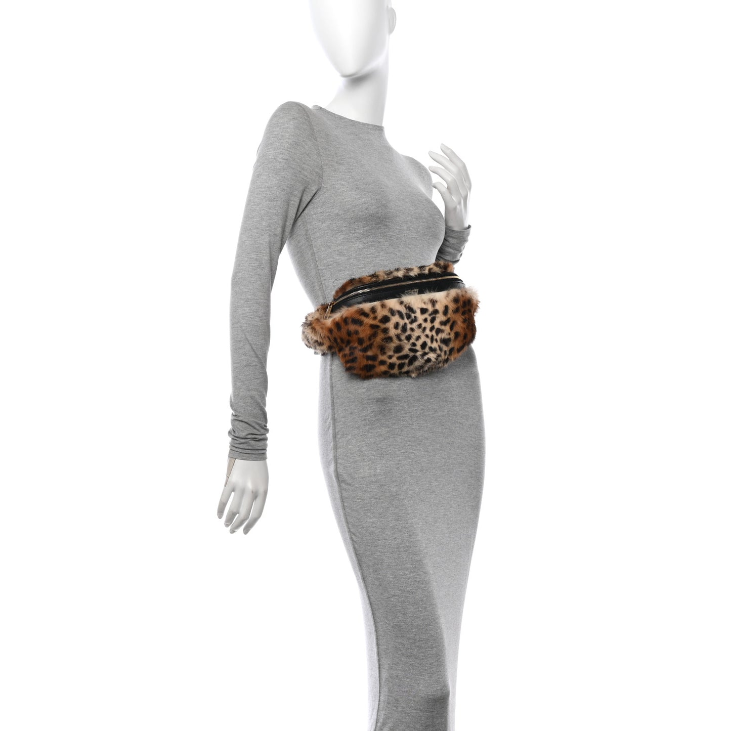 Rabbit Fur Leopard Print Belt Bag Beige
