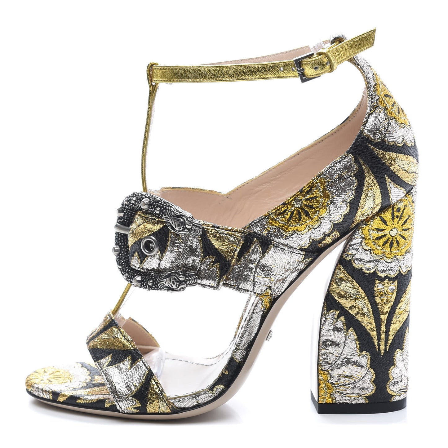 Brocade Floral Dionysus T-Strap High Heel Sandals 36 Oro