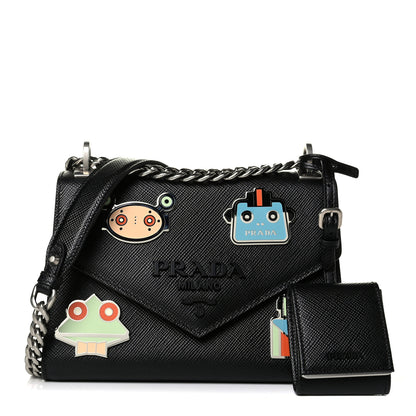 Prada Saffiano Cuir Calfskin Monochrome Robot Patches Envelope Flap Chain Shoulder Bag Black 1 of 4