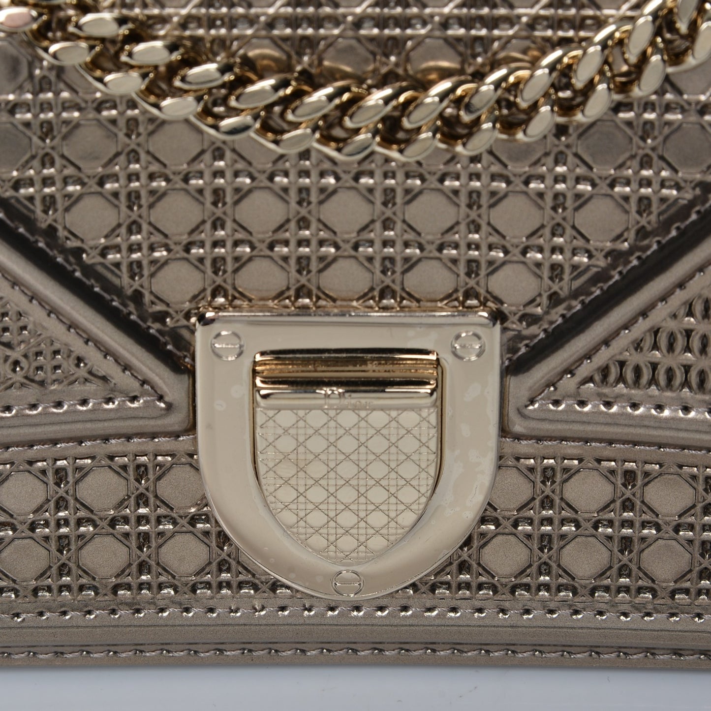 Metallic Patent Micro-Cannage Baby Diorama Flap Bag Gold