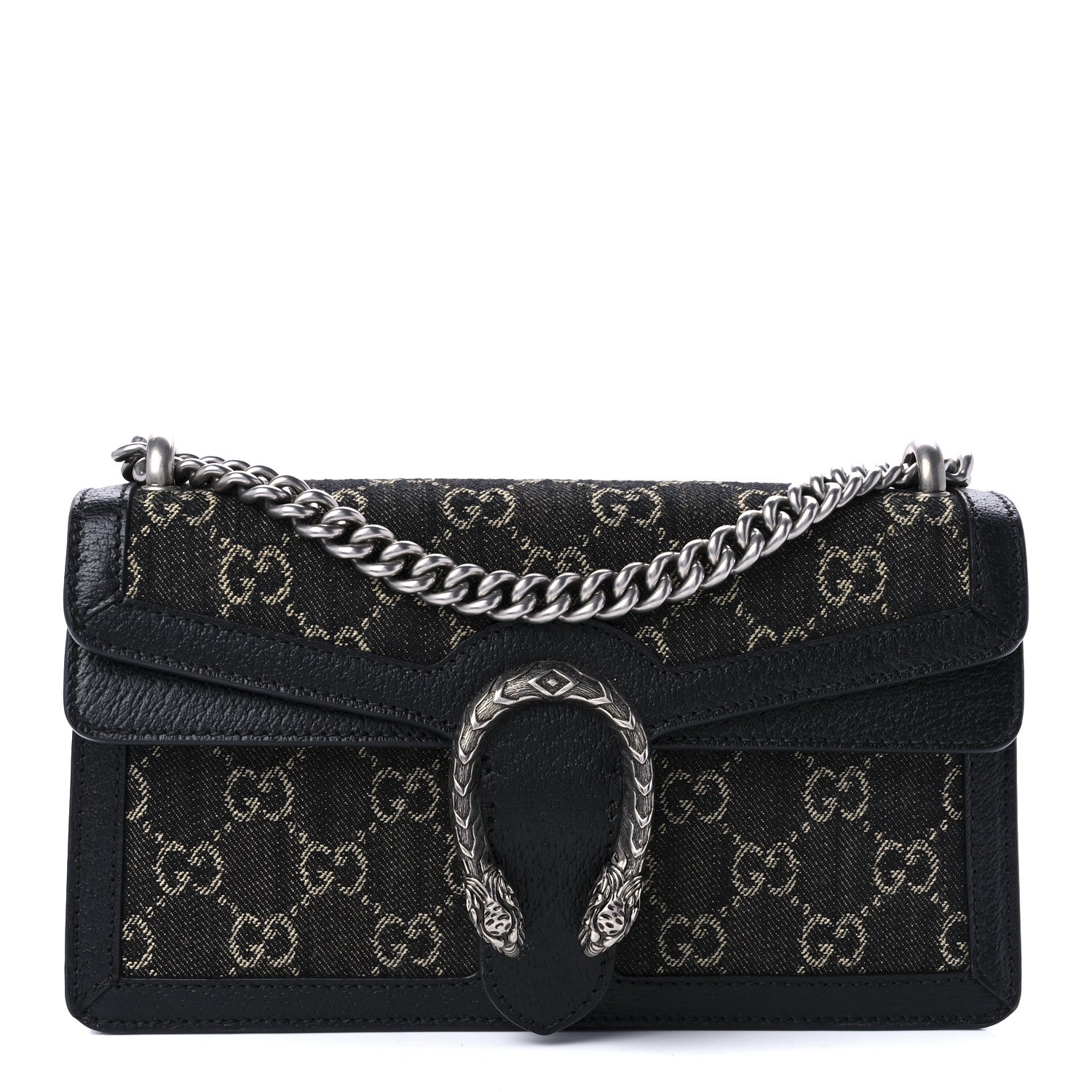 Gucci Jacquard Black Denim GG Monogram Textured Dollar Calfskin Small Dionysus Shoulder Bag Black Ivory 1 of 10