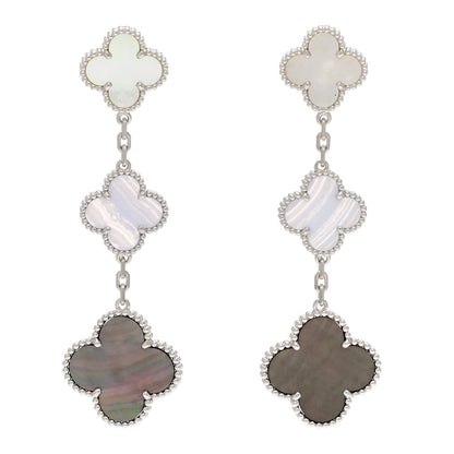 Van Cleef & Arpels 18K White Gold Mother of Pearl Chalcedony 3 Motifs Magic Alhambra Earrings 1 of 5