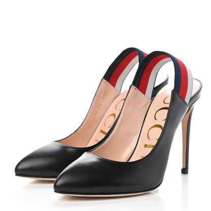 Gucci Malaga Kid Web Sylvie High Heel Slingback Pumps 36 Black 3 of 8