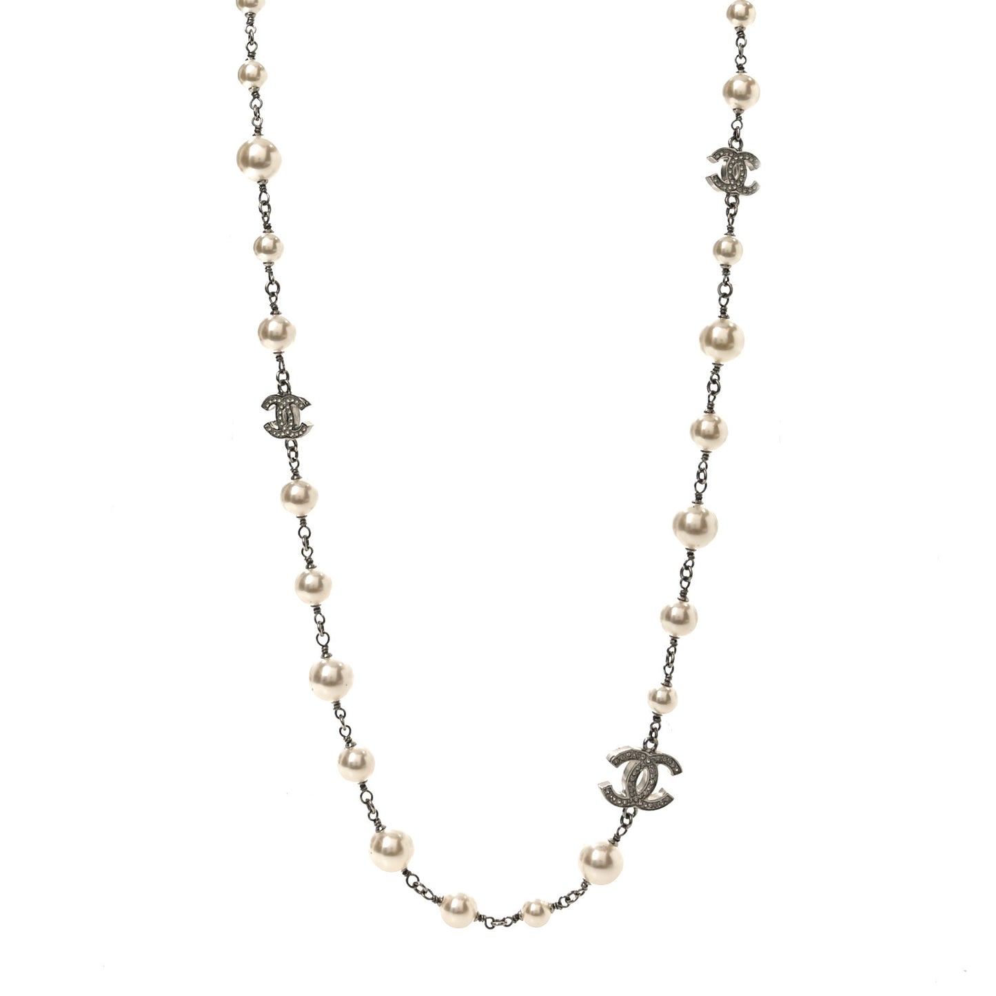 Graduated Pearl Crystal CC Long Necklace Silver