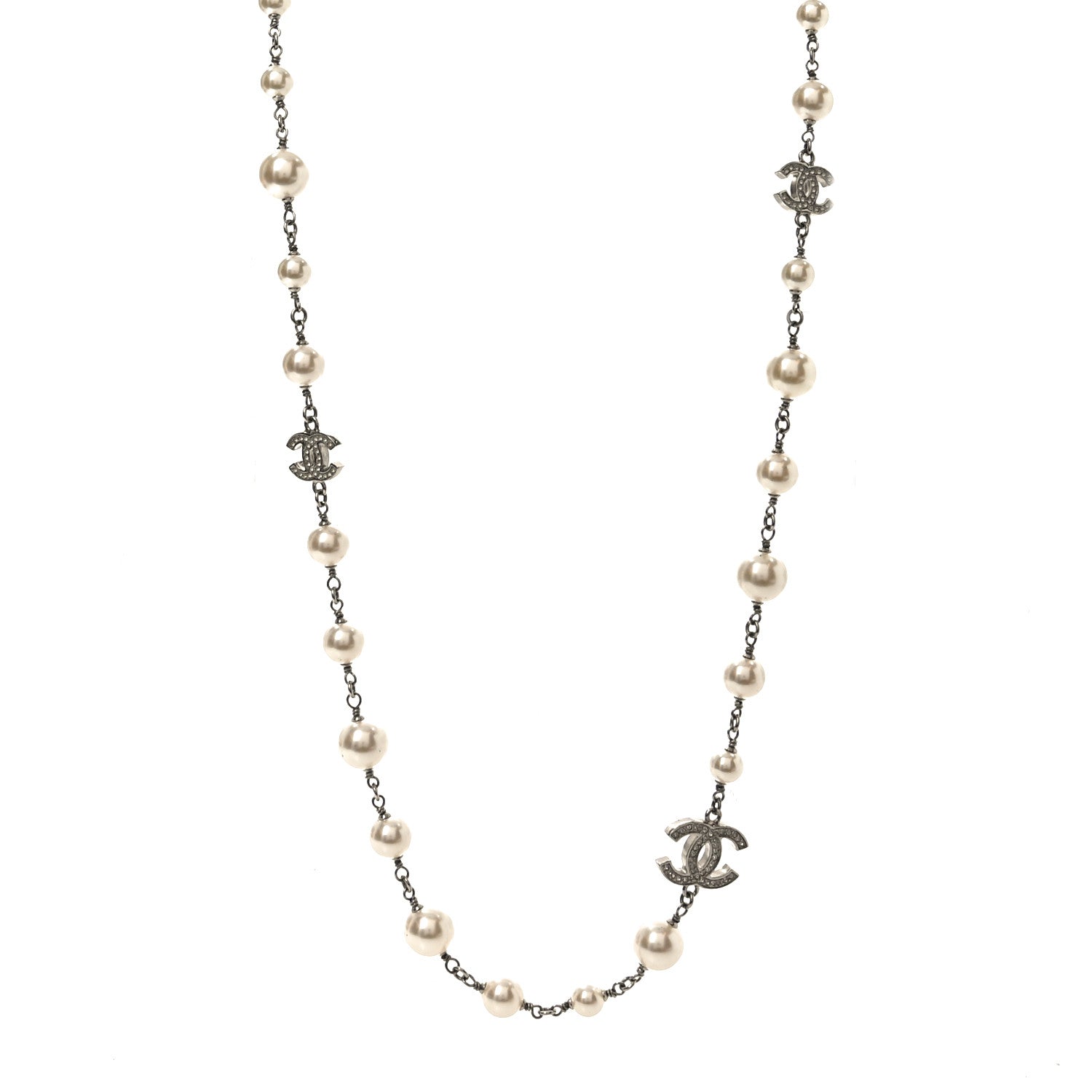 Chanel Graduated Pearl Crystal CC Long Necklace Silver 1 of 4