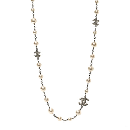 Chanel Graduated Pearl Crystal CC Long Necklace Silver 1 of 4