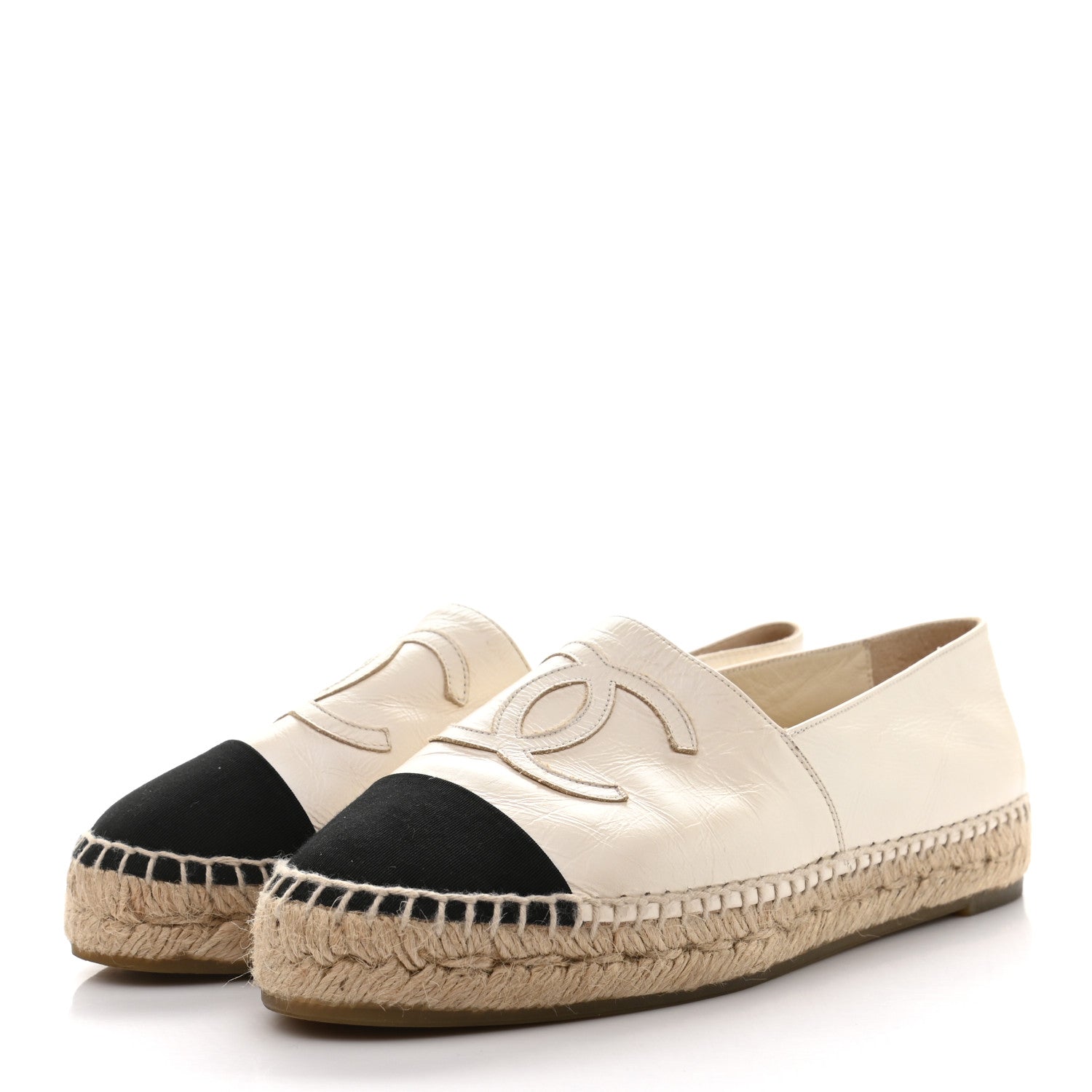Chanel Metallic Calfskin Grosgrain CC Espadrilles 37 Ivory Black 3 of 9