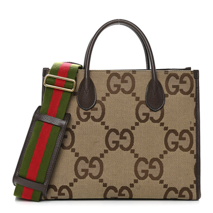 Gucci Monogram Jumbo GG Textured Dollar Calfskin Web Small Tote Bag Camel Ebony New Acero 1 of 20