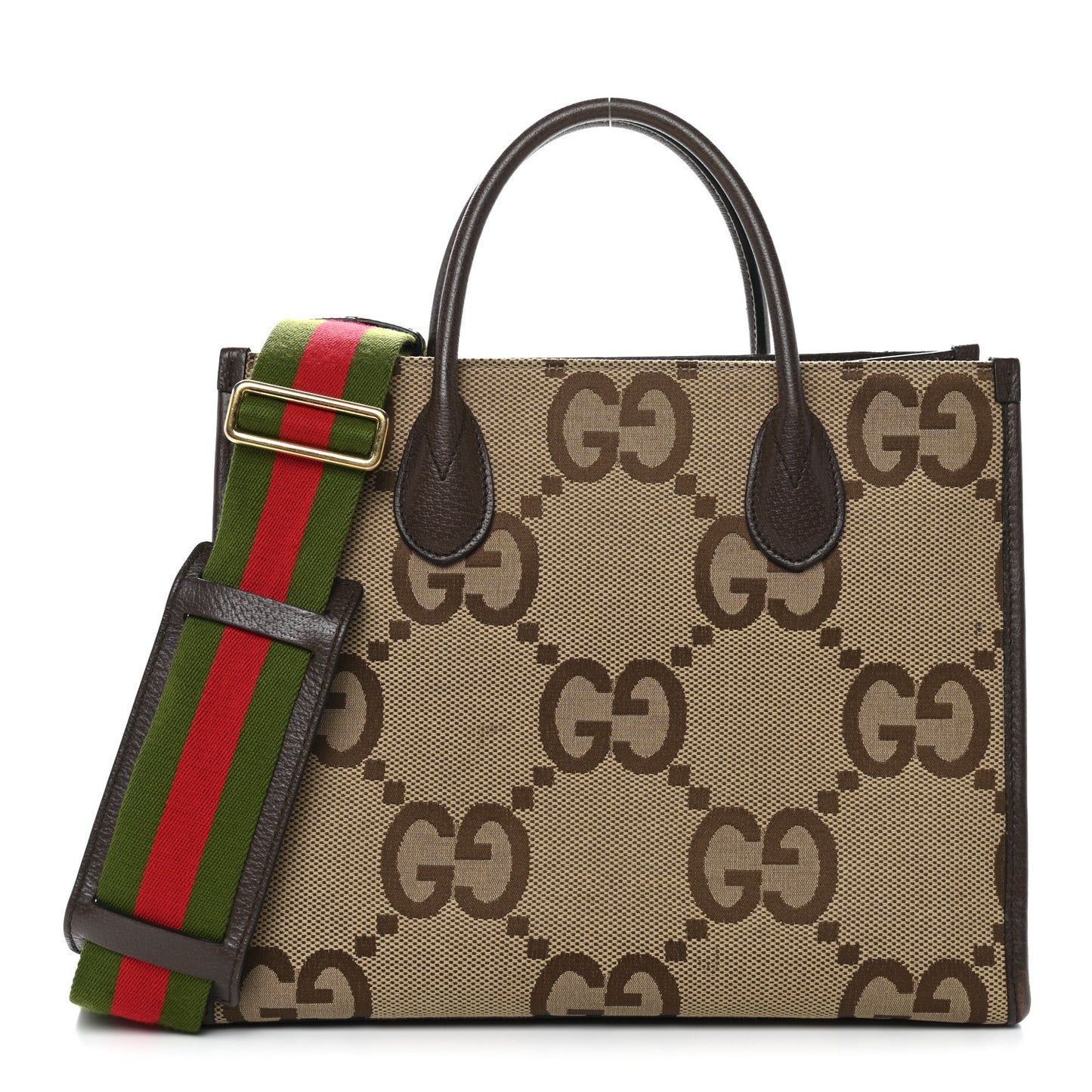 Monogram Jumbo GG Textured Dollar Calfskin Web Small Tote Bag Camel Ebony New Acero
