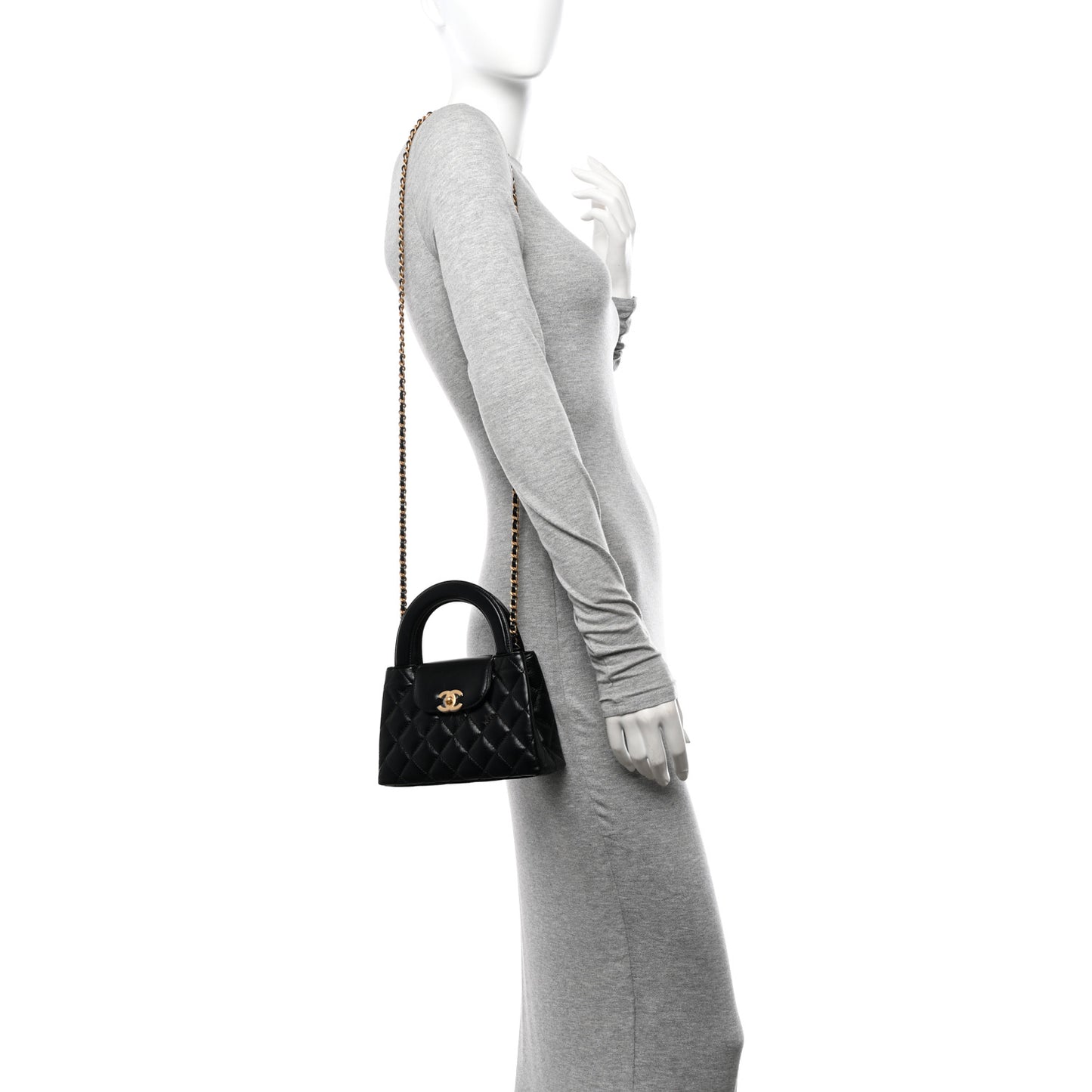 Shiny Aged Calfskin Quilted Nano Kelly Shopper Black