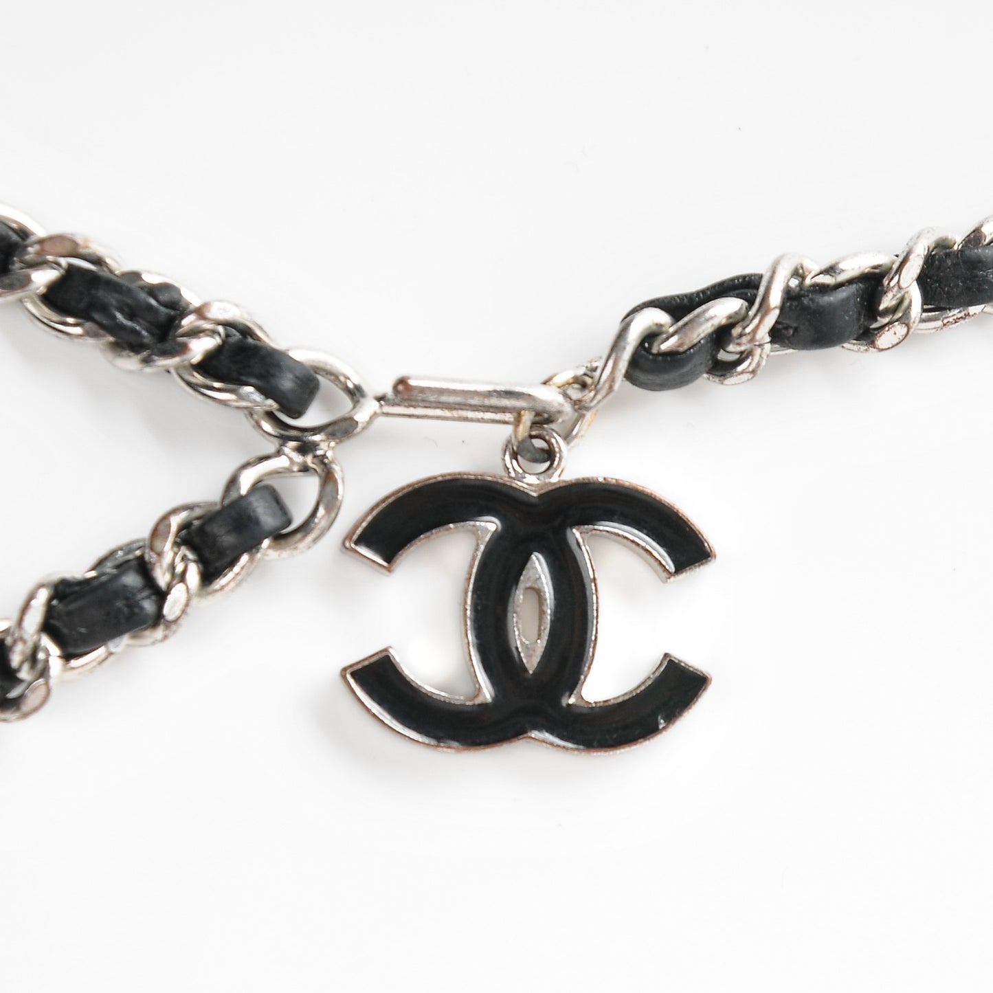 Lambskin Enamel CC Chain Belt Black Silver