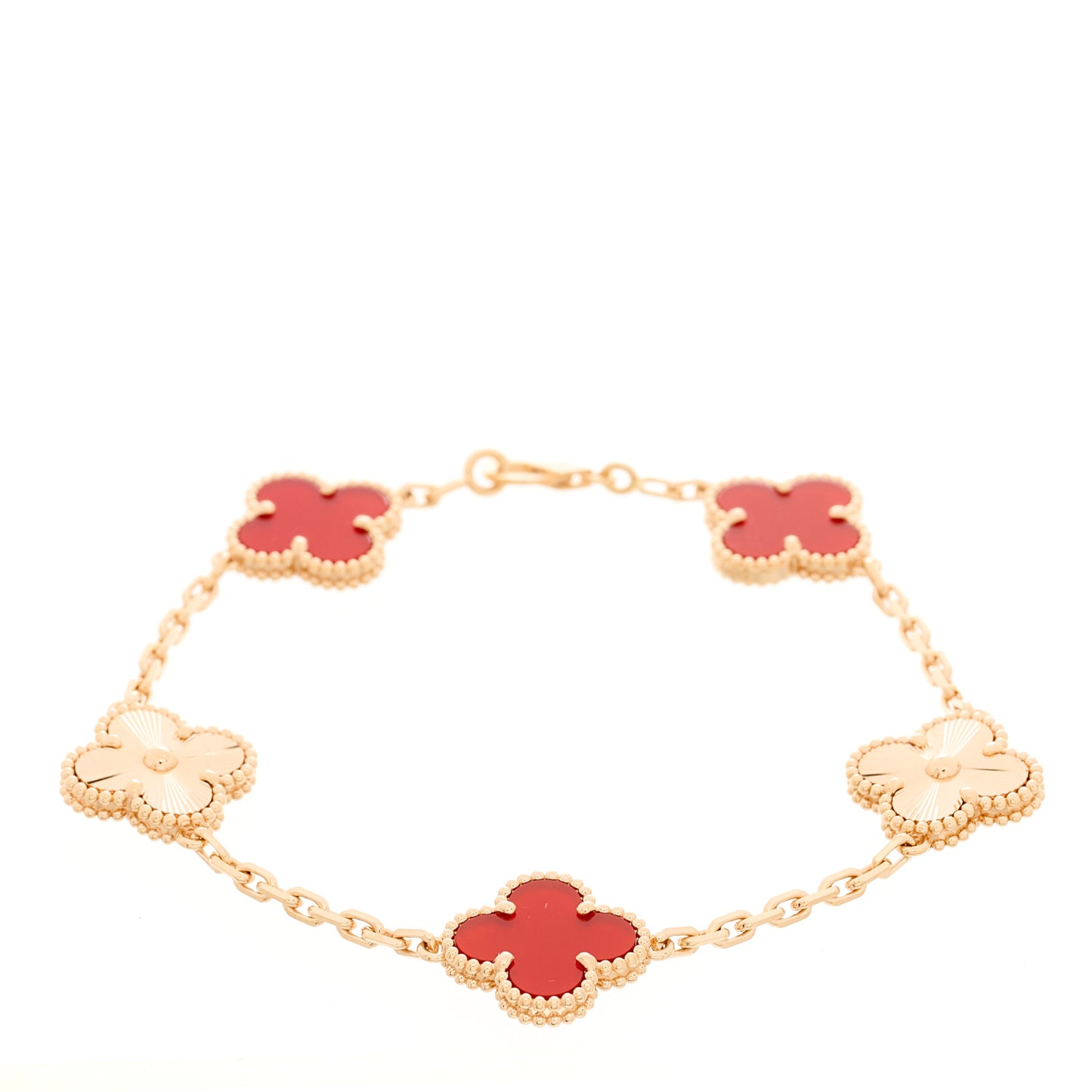 18K Rose Gold Carnelian 5 Motifs Guilloche Vintage Alhambra Bracelet