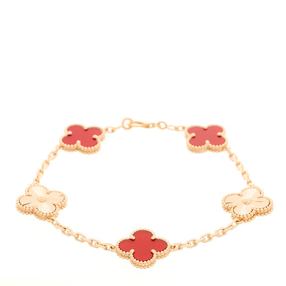 Van Cleef & Arpels 18K Rose Gold Carnelian 5 Motifs Guilloche Vintage Alhambra Bracelet 1 of 5