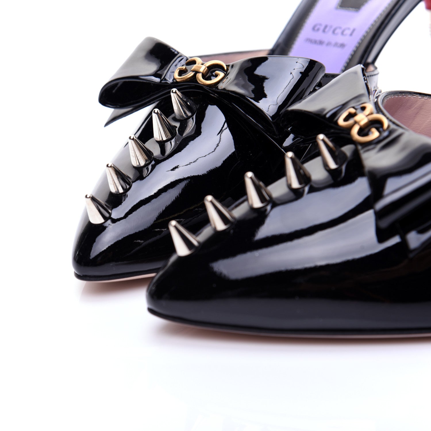 Gucci Patent GG Bow Sadie Spike Mid Heel Mules 38.5 Black 7 of 13