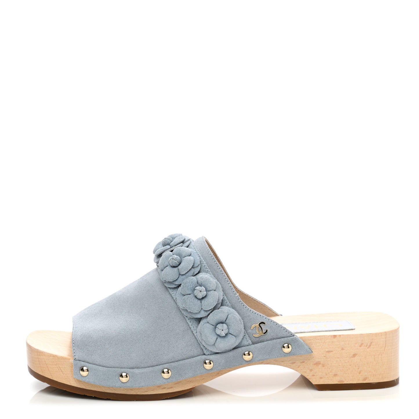 Suede Calfskin Camellia Mules 38 Light Blue