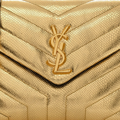 Saint Laurent Snake Embossed Lame Y Quilted Small Loulou Monogram Chain Satchel Oro 8 of 10