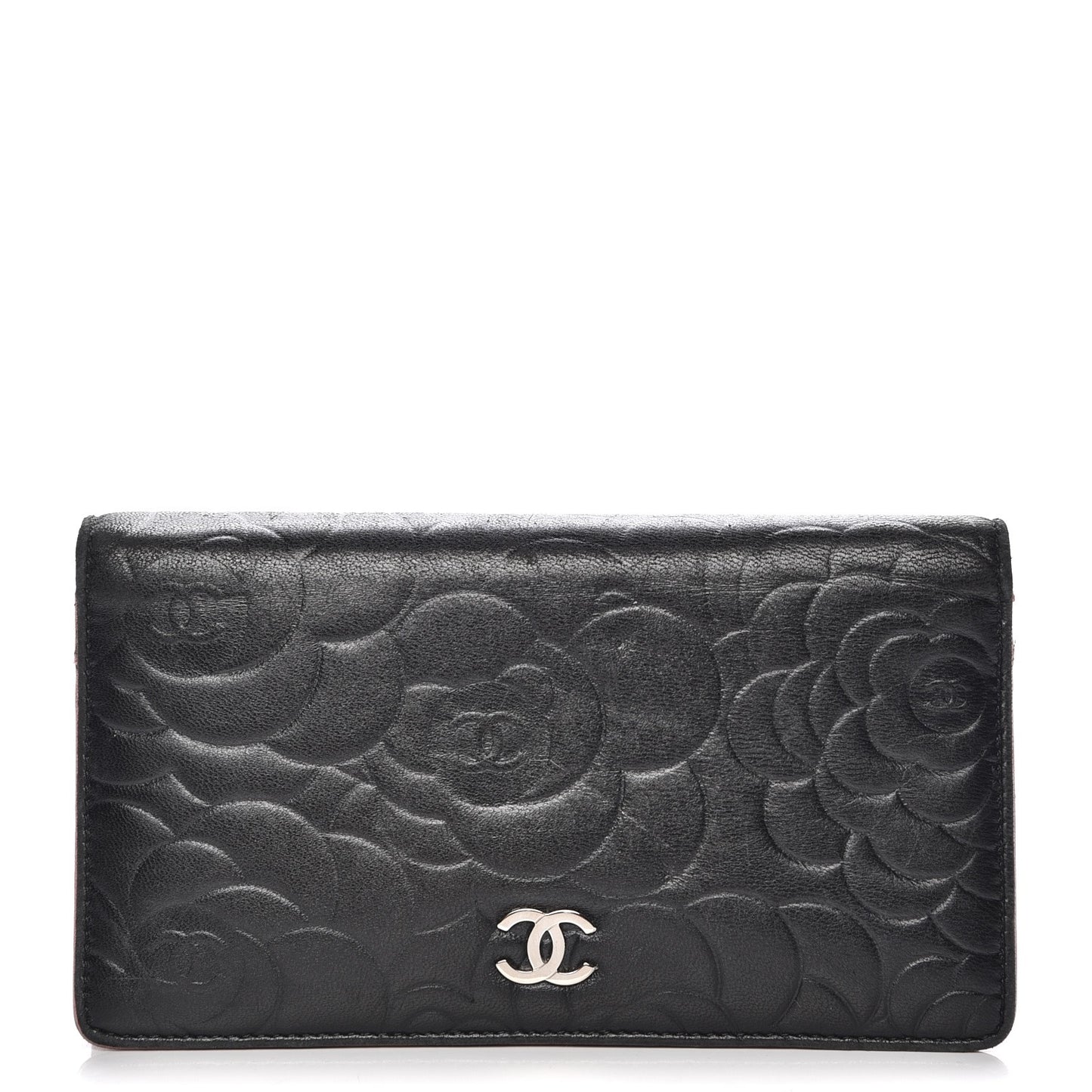 Lambskin Camellia Embossed Yen Wallet Black