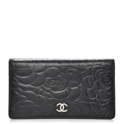 Chanel Lambskin Camellia Embossed Yen Wallet Black 1 of 10