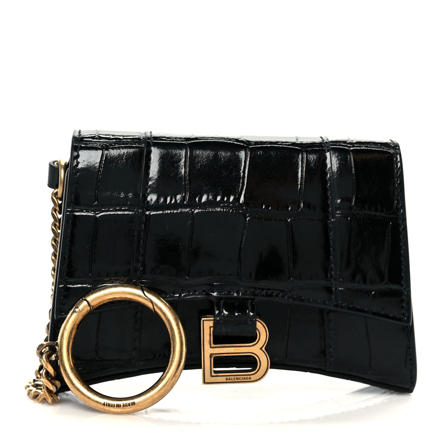 Shiny Calfskin Crocodile Embossed Hourglass Chain Cardholder Black