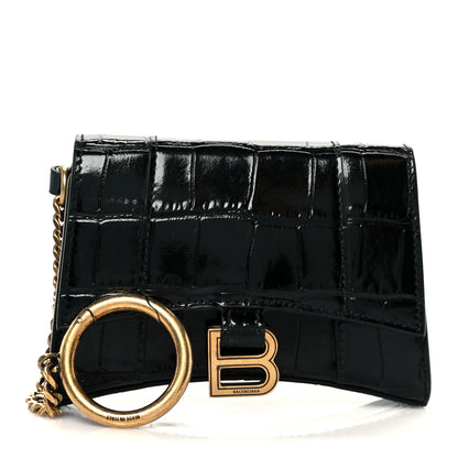 Balenciaga Shiny Calfskin Crocodile Embossed Hourglass Chain Cardholder Black 3 of 13