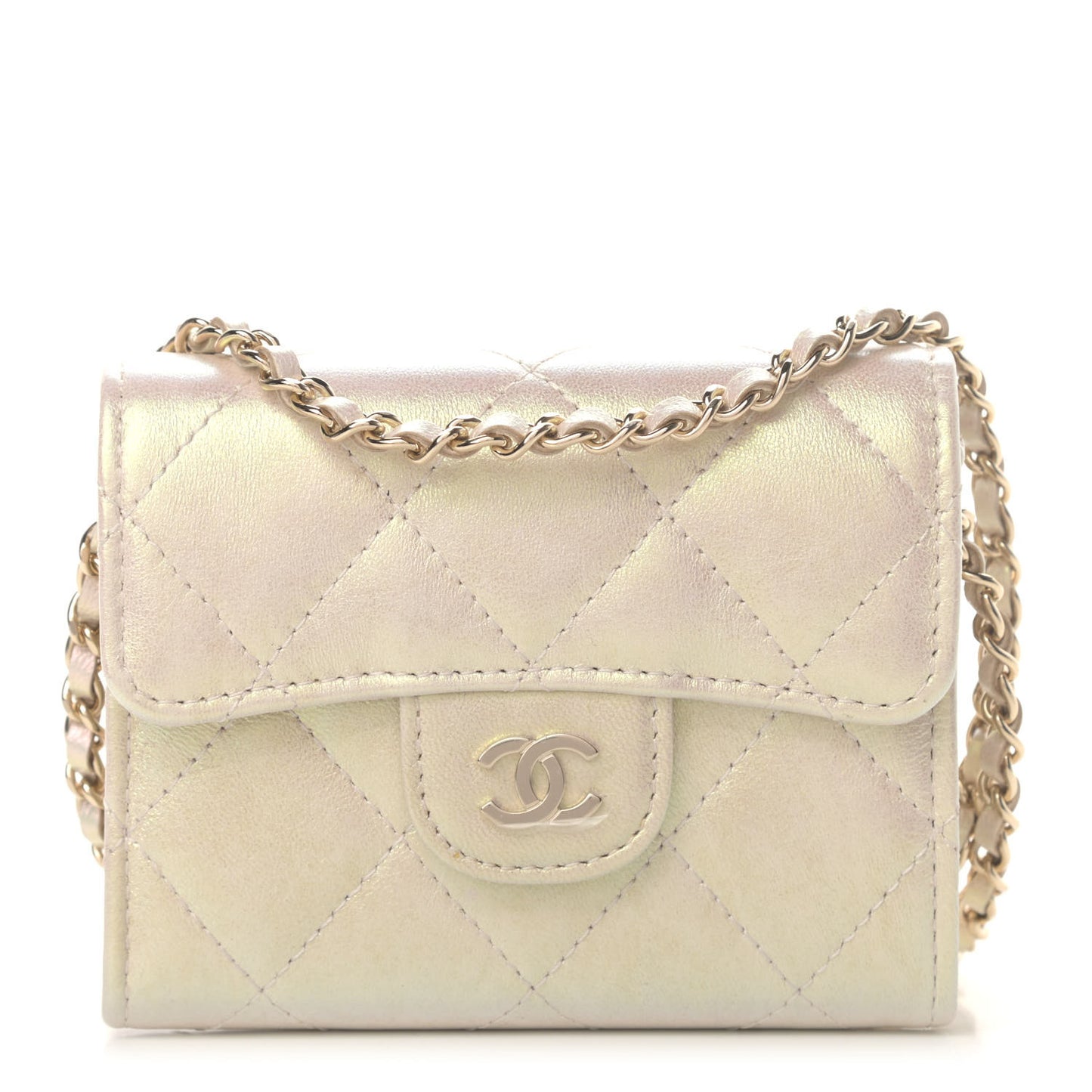 Iridescent Lambskin Quilted Flap Card Holder On Chain Ivory