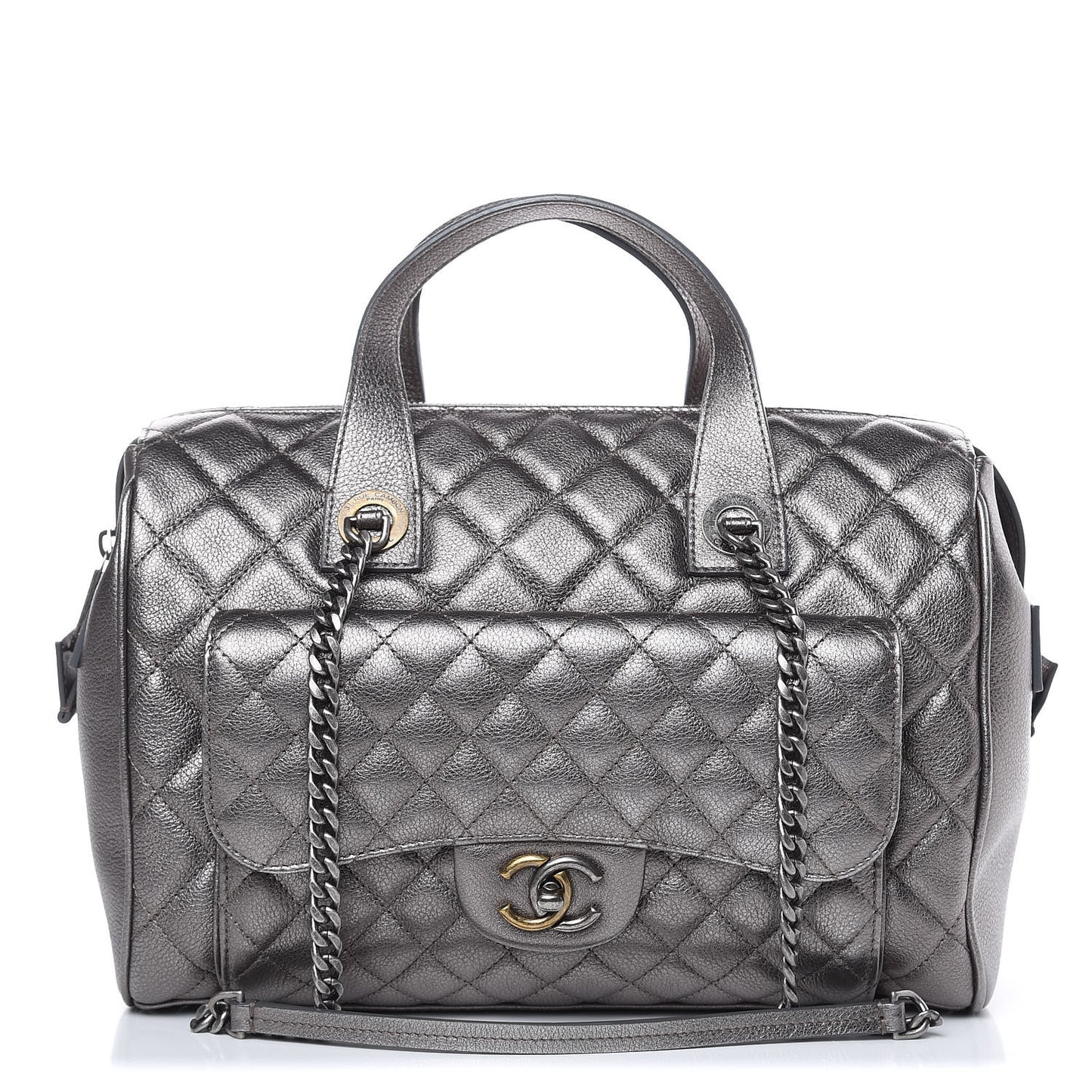 Metallic Grained Calfskin Quilted Large Casual Pocket Bowling Bag Silver