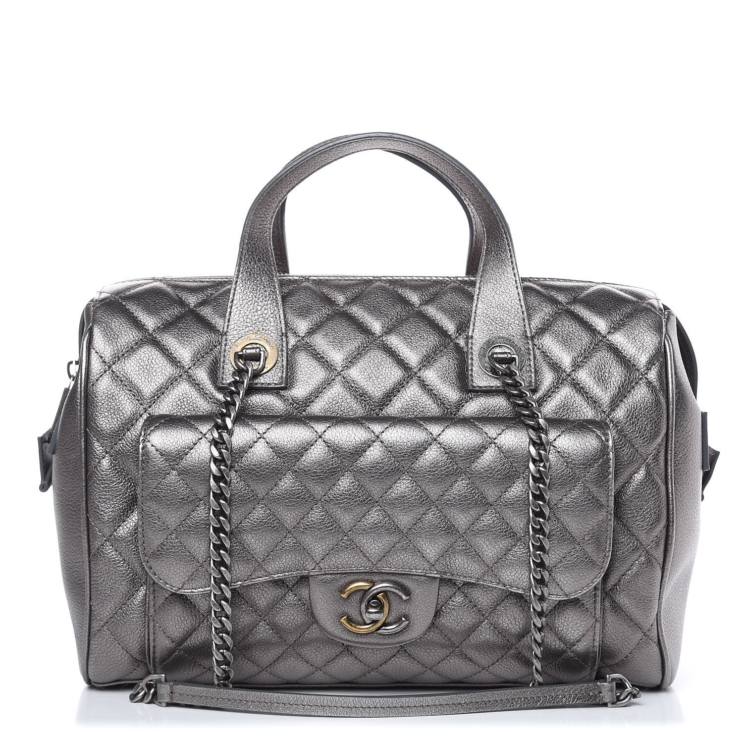 Chanel Metallic Grained Calfskin Quilted Large Casual Pocket Bowling Bag Silver 1 of 12