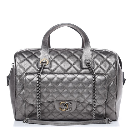 Chanel Metallic Grained Calfskin Quilted Large Casual Pocket Bowling Bag Silver 1 of 12
