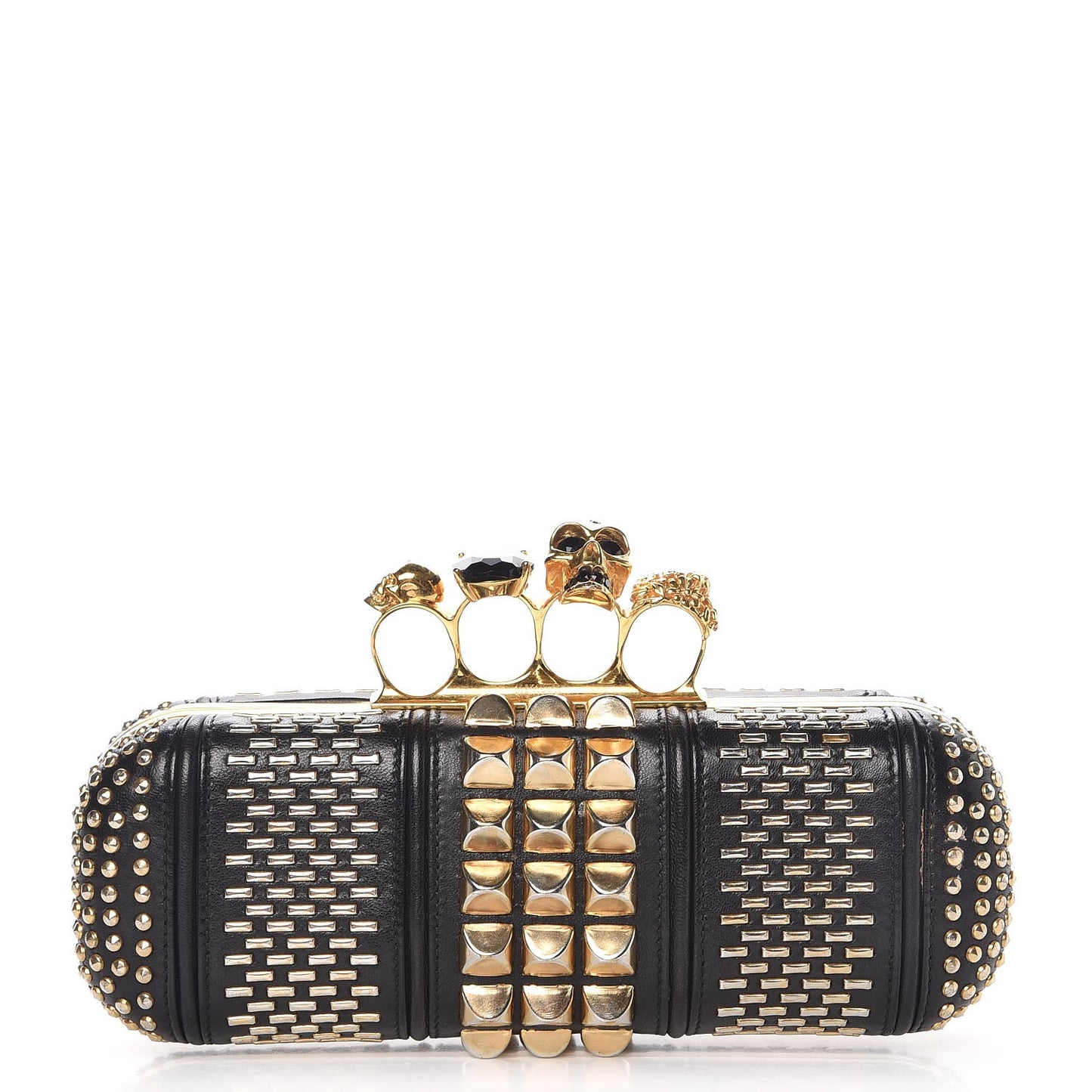 Nappa Studded Skull Knuckle Box Clutch Black