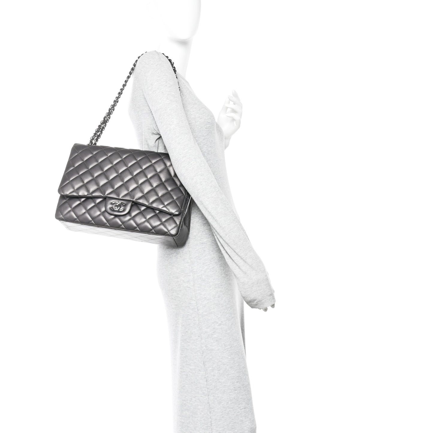 Metallic Lambskin Quilted Maxi Single Flap Dark Grey