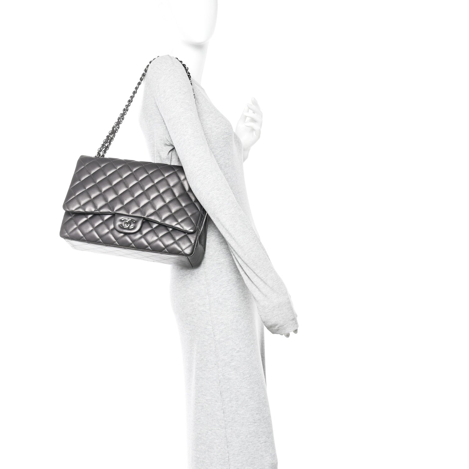 Chanel Metallic Lambskin Quilted Maxi Single Flap Dark Grey 2 of 13