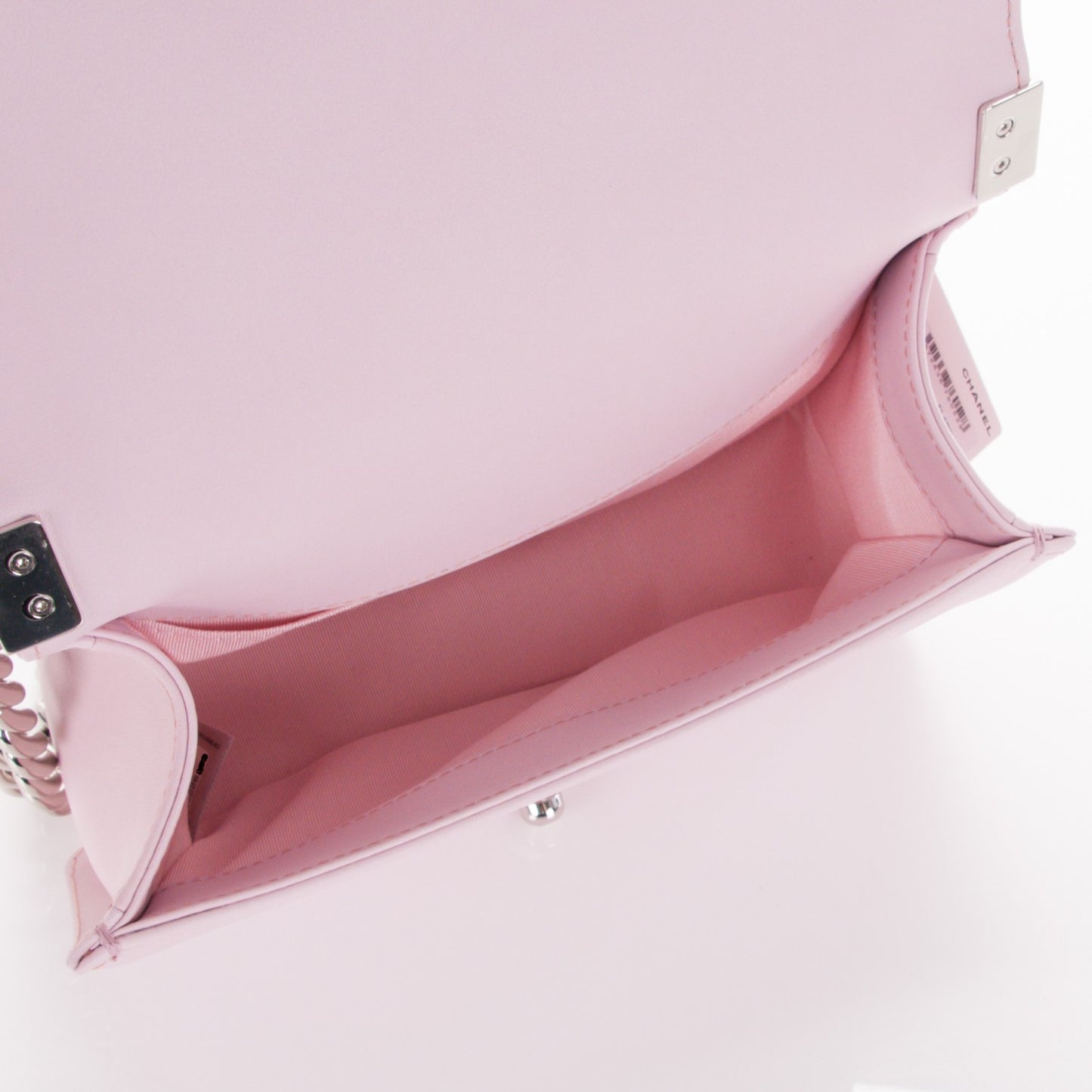 Lambskin Iridescent PVC Chevron Quilted Small Boy Flap Light Pink Silver
