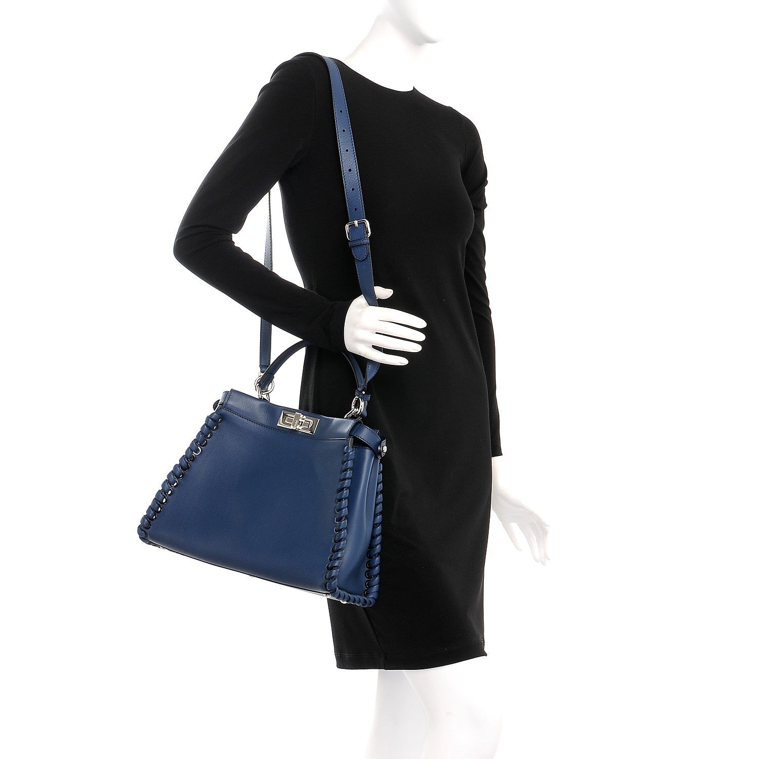 Fendi Calfskin Lace Up Medium Peekaboo Iconic Satchel Blue 2 of 9