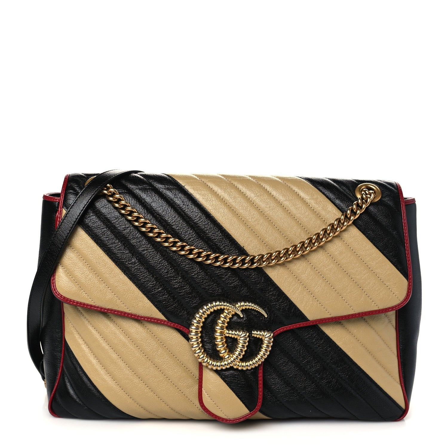 Gucci Azalea Calfskin Matelasse Diagonal Patchwork Large Torchon GG Marmont Shoulder Bag Black Beige Romantic Cerise 1 of 6