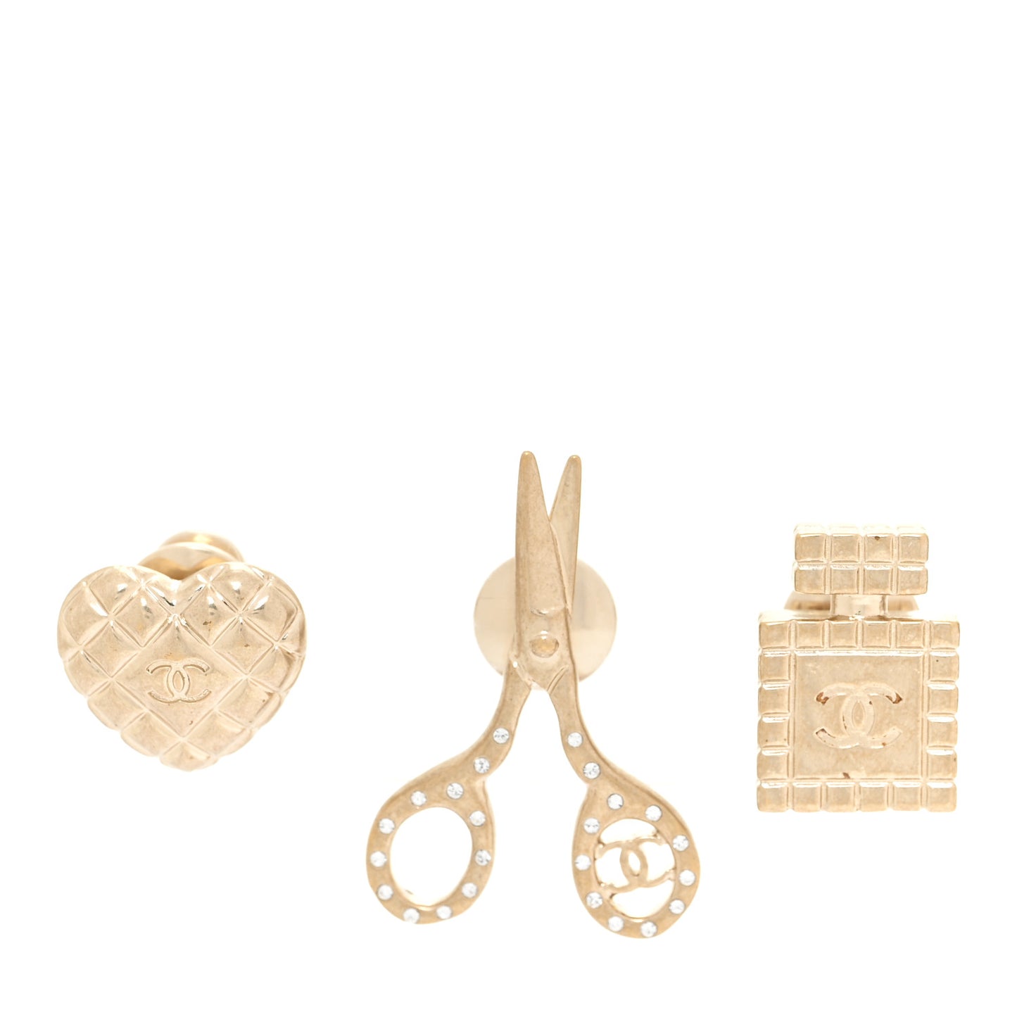 Metal Strass Crystal Quilted CC Heart Scissors Perfume Brooch Set Gold
