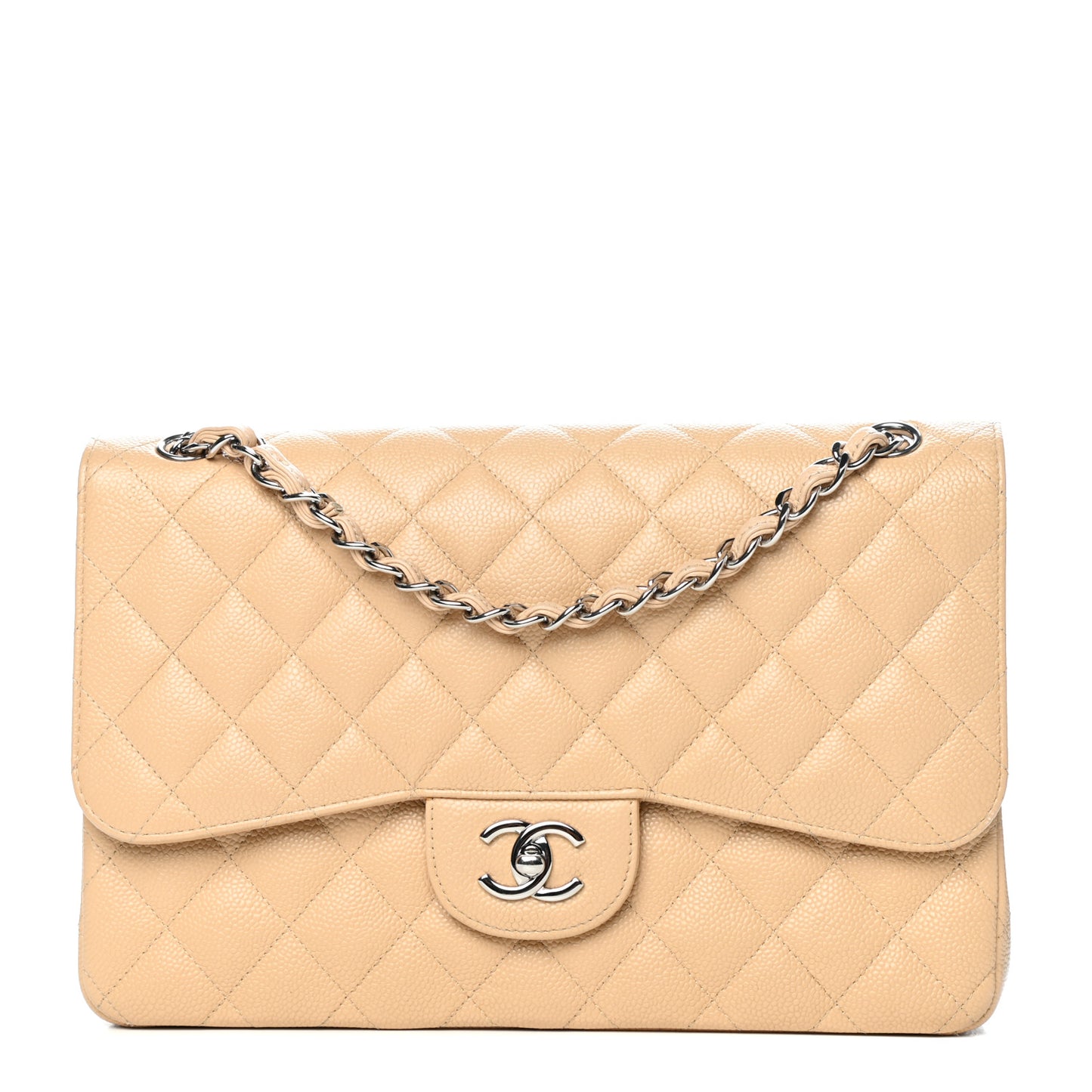 Caviar Quilted Jumbo Double Flap Light Beige