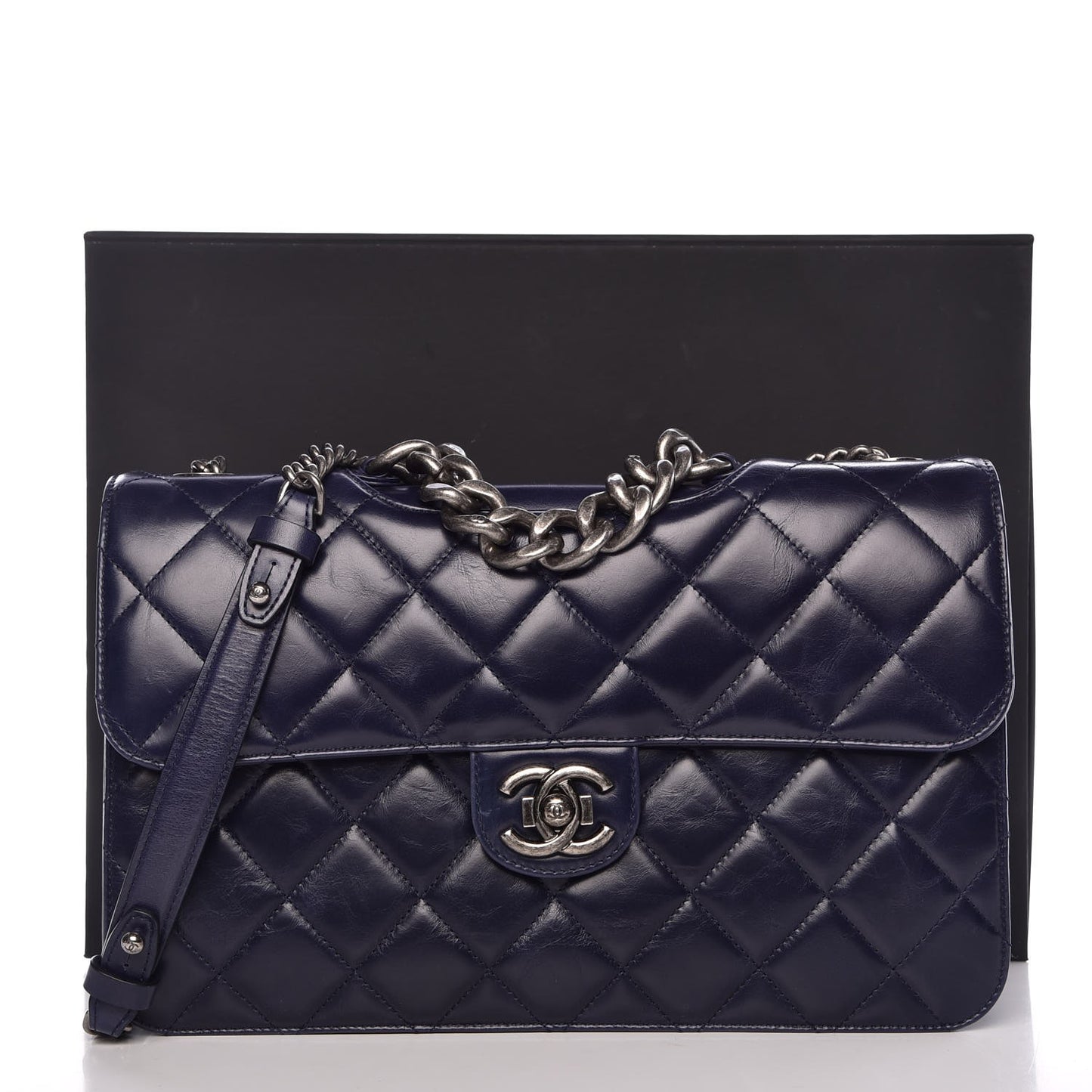 Glazed Calfskin Quilted Large Perfect Edge Flap Navy