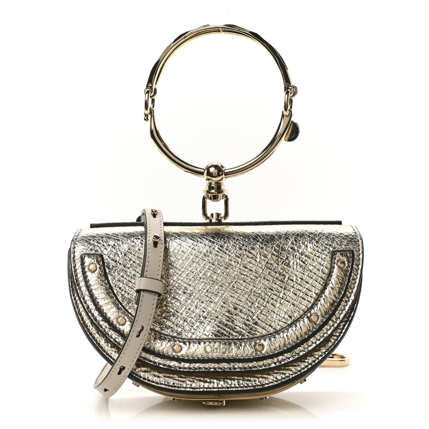 Metallic Calfskin Small Nile Bracelet Minaudiere Bag Gold