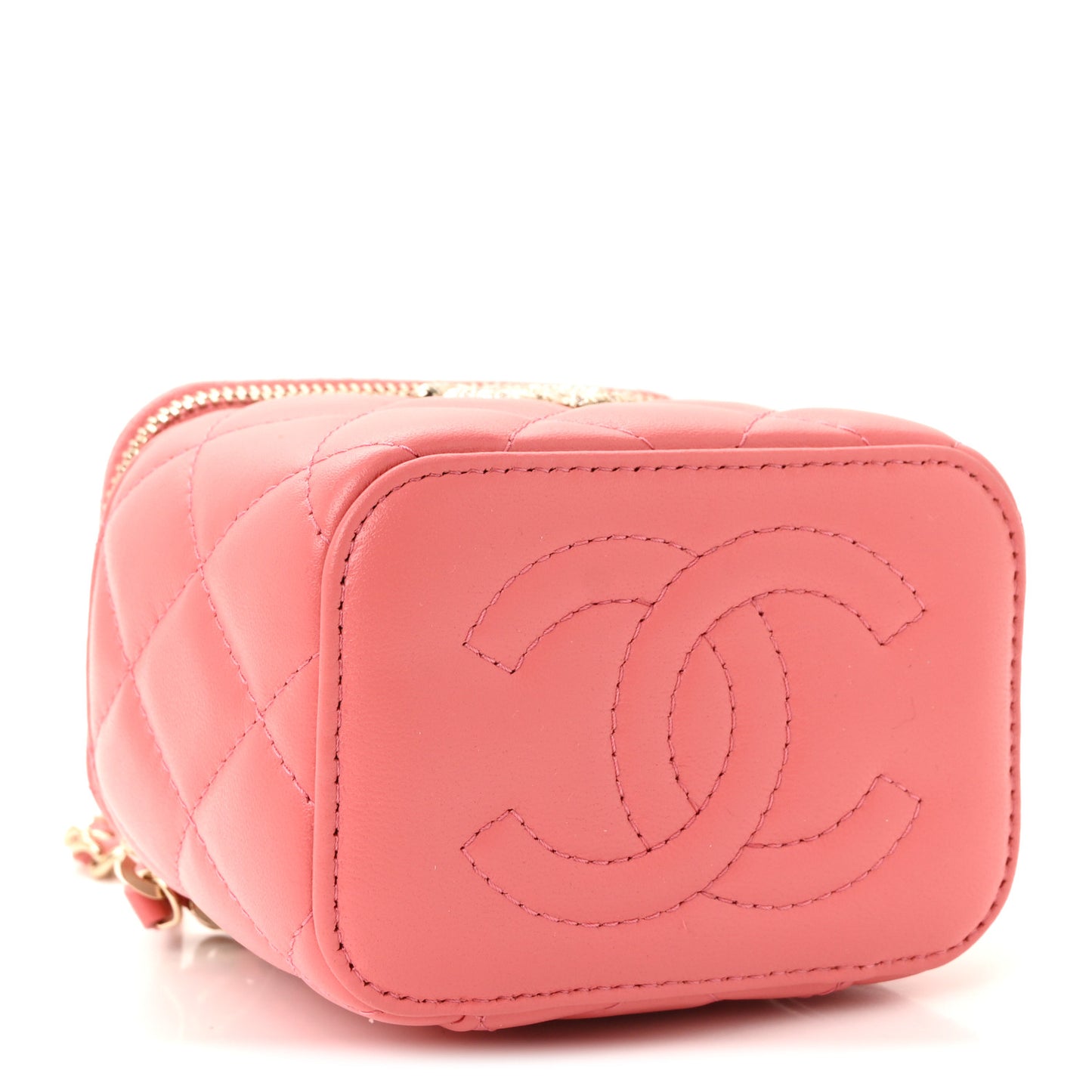 Lambskin Quilted Crystal Top Handle Mini Vanity Case With Chain Coral
