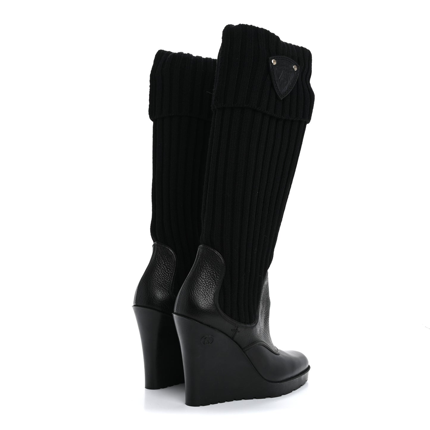 Wool Calfskin Knee Length Sock Boots 37.5 Black