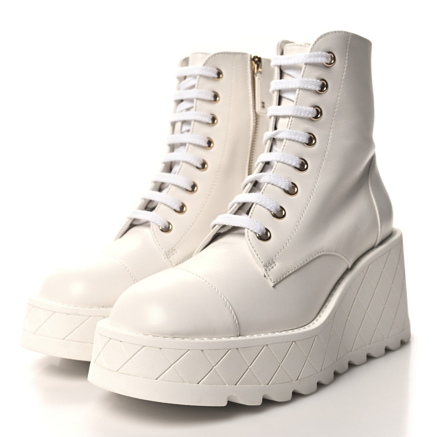 Chanel Lambskin Quilted Lace Up Wedge Combat Boots 36 White