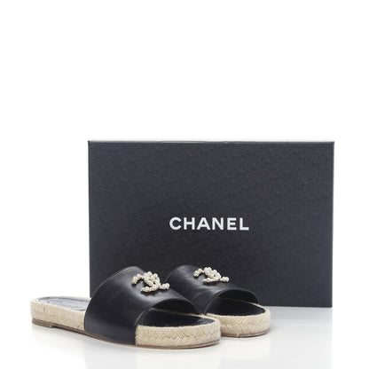 Chanel Lambskin Pearl CC Espadrille Slip On Sandals 38 Black 9 of 9
